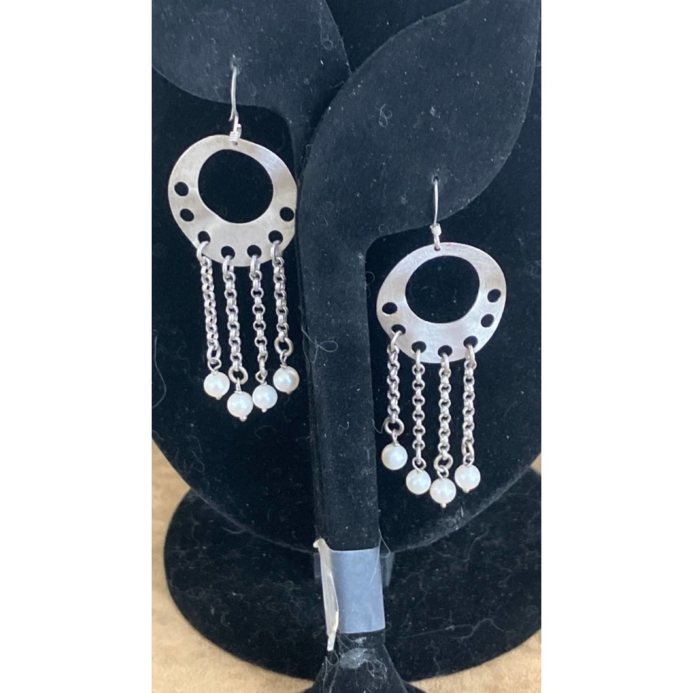 Genuine Pearl Brushed Silver Tone Dangle/Drop Earrings.